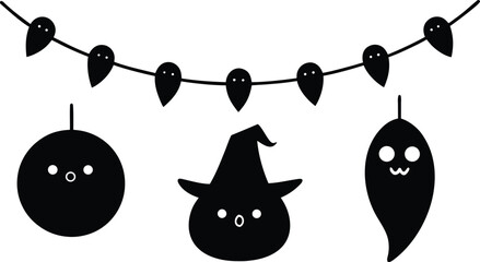 Halloween Party Garland Vector Illustration. Cute Silhouette Design with Ghosts, Pumpkins, and Bats for Holiday Decoration, Invitations, and Flyers
