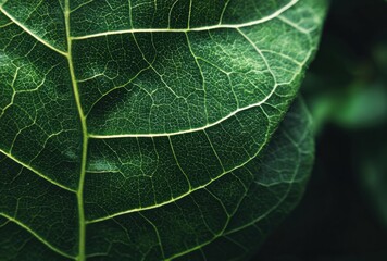 Macro shot of a vibrant green leaf, displaying intricate vein patterns against a slightly blurred backdrop