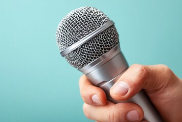 Close-up of a hand holding a silver microphone against a soft teal background, with a bright and inviting visual appeal