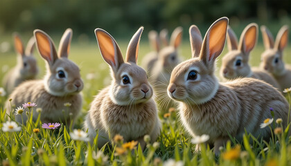 A group of rabbits stands together in a lush green field, surrounded by grass and wildflowers