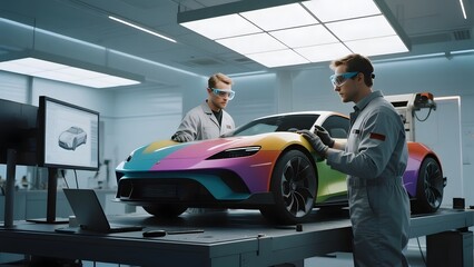 Engineers examining a futuristic, colorful sports car in a high-tech laboratory setting