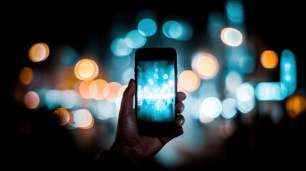 Hand holds phone displaying vibrant, blurred lights against a dark, bokeh-filled cityscape at night