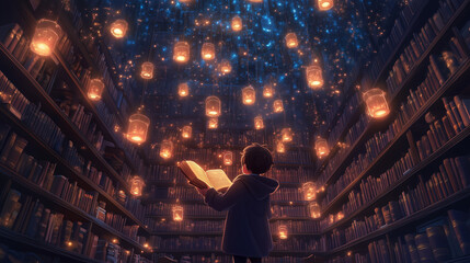 Enchanted library with glowing lanterns and starry ceiling