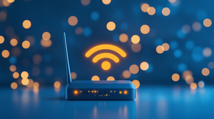 Modern Wi-Fi router with glowing signal icon and bokeh background