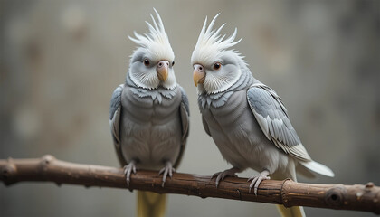Two cockatoos, grey and white, resting on a branch, highlighting their elegant features and social interaction