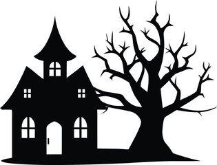 Haunted House Silhouette with Gnarled Tree and Moon for Halloween Designs