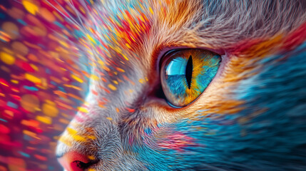 Vibrant close-up of a cat's eye with colorful effects