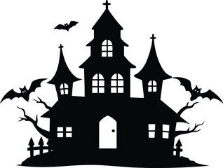 Haunted House Silhouette with Gnarled Tree and Moon for Halloween Designs