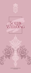Pre-made design (banner, poster, invitation) in Gothic style. Modern, whimsical linear composition for wedding decoration, stylized as a dark aesthetic in monochrome colors.