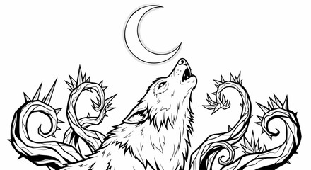 Fototapeta premium Howling wolf with crescent moon above, intricate lines and details make this a striking image. Howling wolf head is surrounded by thorny vines in monochromatic drawing.