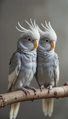 Two grey and white cockatoos perched on a branch, showcasing their vibrant feathers and curious expressions