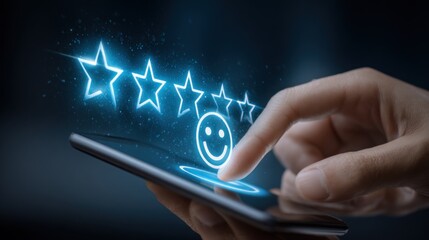 Hand touching smartphone with glowing stars and a happy face for rating. Blue background