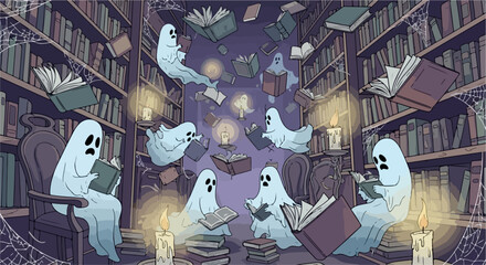 Ghost illustration in library with reading ghosts and many books in bookshelves. This ghost illustration depicts spooky specters enjoying stories,