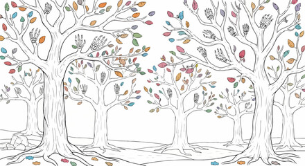Abstract forest with hand-shaped leaves in various colors, creating whimsical scene. This abstract forest evokes artistic imagination and creative interpretation.