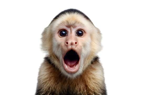 Surprised capuchin monkey with open mouth isolated on transparent background