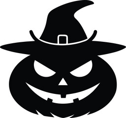 Black Silhouette of Pumpkin with Top Hat, Vector Jack o Lantern Graphic for Halloween Party Design. 