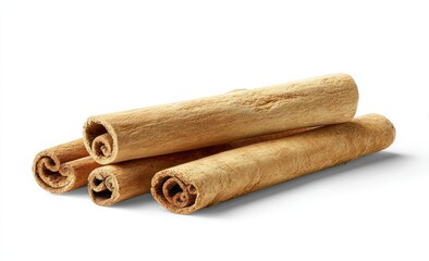 Close-up of several cinnamon sticks stacked on a white surface, casting a soft shadow