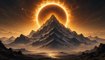 A breathtaking sunrise over a mountain, with the sun's rays spreading across the sky and highlighting the peaks