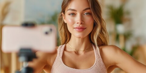 Young woman recording fitness video on smartphone at home. Healthy lifestyle and workout inspiration for social media content creation in cozy indoor setting.