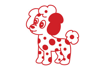 Cartoon style red polka dotted poodle stands cheerfully against a plain white backdrop