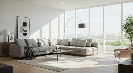 Modern Living Room Interior with Large Windows and Sofa.