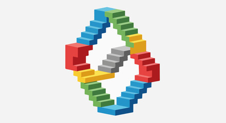 Fototapeta premium Optical illusion featuring a colorful impossible staircase on plain background. Impossible staircase, an intriguing paradox, presents a geometric shape of staircase design, a mind-bending visual.