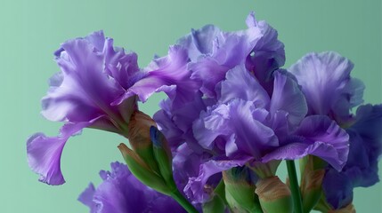 Vibrant purple irises blooming in a serene green backdrop during springtime freshness
