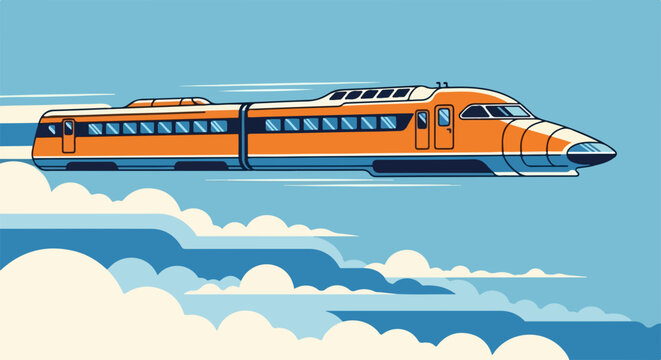 Futuristic high-speed train soaring above clouds. Orange train design with sleek lines and windows. Modern transportation concept for travel brochures, posters, and websites.