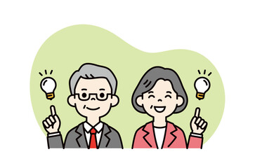 いいアイデアを思いつく、スーツ姿の高齢の男性と女性の上半身ベクターイラスト素材＿カラー