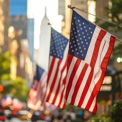 City street with American flags waving