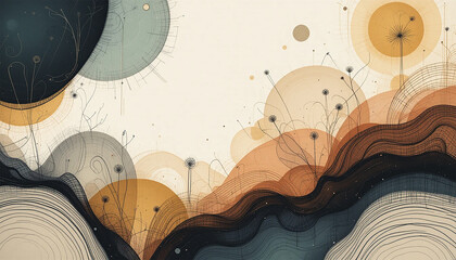 Digital painting featuring abstract waves and circles in a harmonious blend of colors and shapes