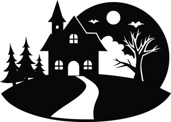 Gothic Haunted Mansion - Vector Illustration. Spooky House Silhouette Border. Halloween Background or Corner Design Element.