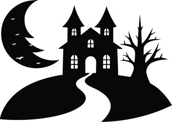 Black Haunted House Vector - Spooky Silhouette Art. Scary House Silhouette - Halloween Vector Clip Art