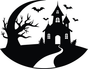 Haunted House Silhouette Vector Illustration. Spooky Haunted House. Black Silhouette Vector Art for Halloween Theme.