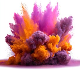 Fototapeta premium Vibrant explosion of orange, purple, and pink dust. The colorful cloud expands dynamically against a stark white background