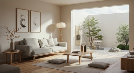 Modern Zen Living Room with Japanese Garden View.