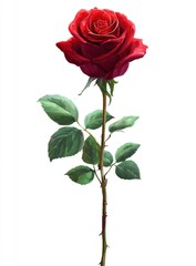 Digitally painted, striking red rose with delicate green leaves on a long stem, isolated on a white background, a celebration of natural beauty