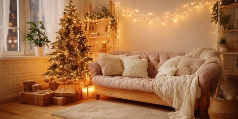Cozy living room with Christmas tree, glowing lights, and wrapped gifts. A soft sofa with pillows and blankets adds warmth to the holiday scene, creating a festive and peaceful winter atmosphere.