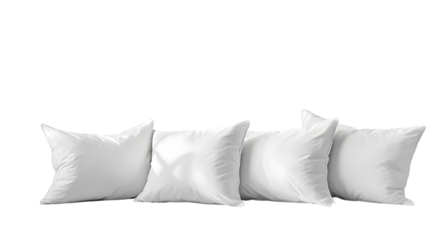 Soft plush white cotton pillows arranged on a plain minimalist background isolated on a transparent background