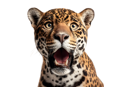 Surprised leopard with mouth open and big eyes isolated on transparent background