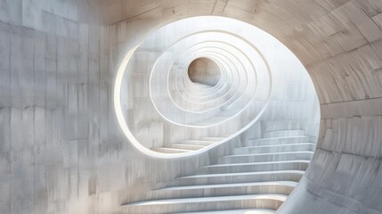 Fototapeta premium A modern, abstract concrete spiral staircase with a circular opening in the wall.