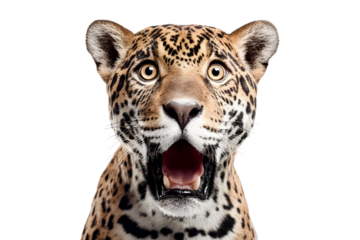 Surprised leopard with mouth open and big eyes isolated on transparent background