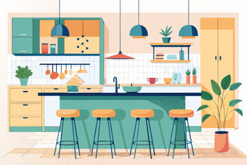 Stylish modern kitchen interior featuring white cabinets, wooden panel accents, bar stools, and a sleek countertop. Large windows allow natural sunlight to brighten the space, complemented by indoor g