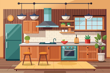 Stylish modern kitchen interior featuring white cabinets, wooden panel accents, bar stools, and a sleek countertop. Large windows allow natural sunlight to brighten the space, complemented by indoor g