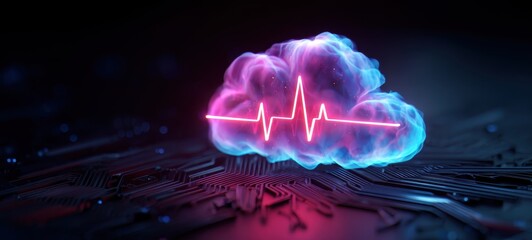 The Brain with Neon Heartbeat Over Futuristic Circuit Board Representing AI and Technology