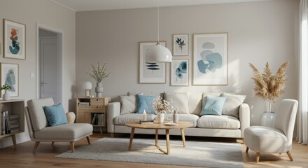 Modern Living Room Interior with Beige Sofa and Art.
