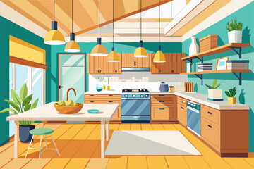 Stylish modern kitchen interior featuring white cabinets, wooden panel accents, bar stools, and a sleek countertop. Large windows allow natural sunlight to brighten the space, complemented by indoor g