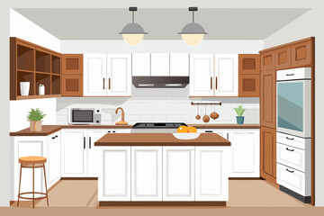 Stylish modern kitchen interior featuring white cabinets, wooden panel accents, bar stools, and a sleek countertop. Large windows allow natural sunlight to brighten the space, complemented by indoor g