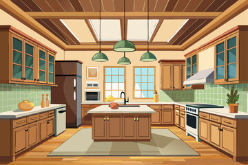 Stylish modern kitchen interior featuring white cabinets, wooden panel accents, bar stools, and a sleek countertop. Large windows allow natural sunlight to brighten the space, complemented by indoor g