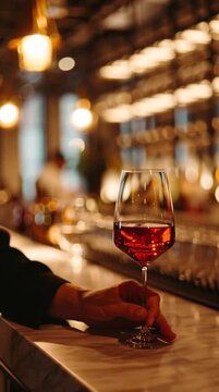 Stylish glass of wine in focus with glowing bokeh behind, perfect for bar, restaurant, and social lifestyle imagery.